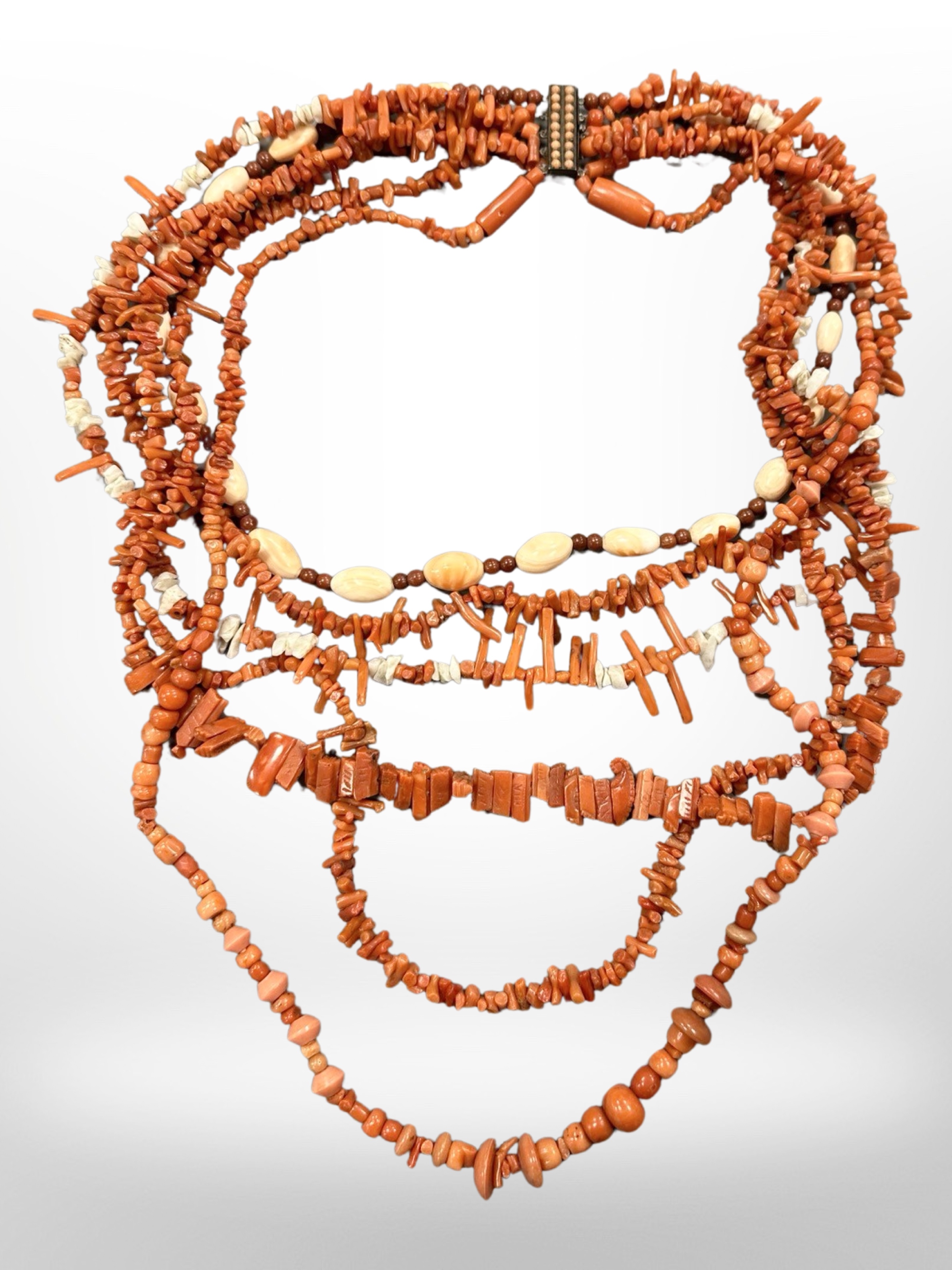 A vintage multi-strand coral necklace