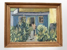 Continental school : Figures outside a house, oil on canvas, 34cm x 25cm.