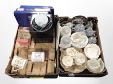 Two boxes containing antique tea china, Japanese lustre export tea set, Spode plates, Denby mugs.