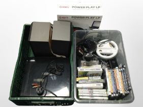 Two boxes containing video games, joystick and other controllers, boxed Ion turntable,