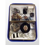 A group of costume jewellery, contemporary pocket watch, wristwatch, necklaces and bangles, etc.