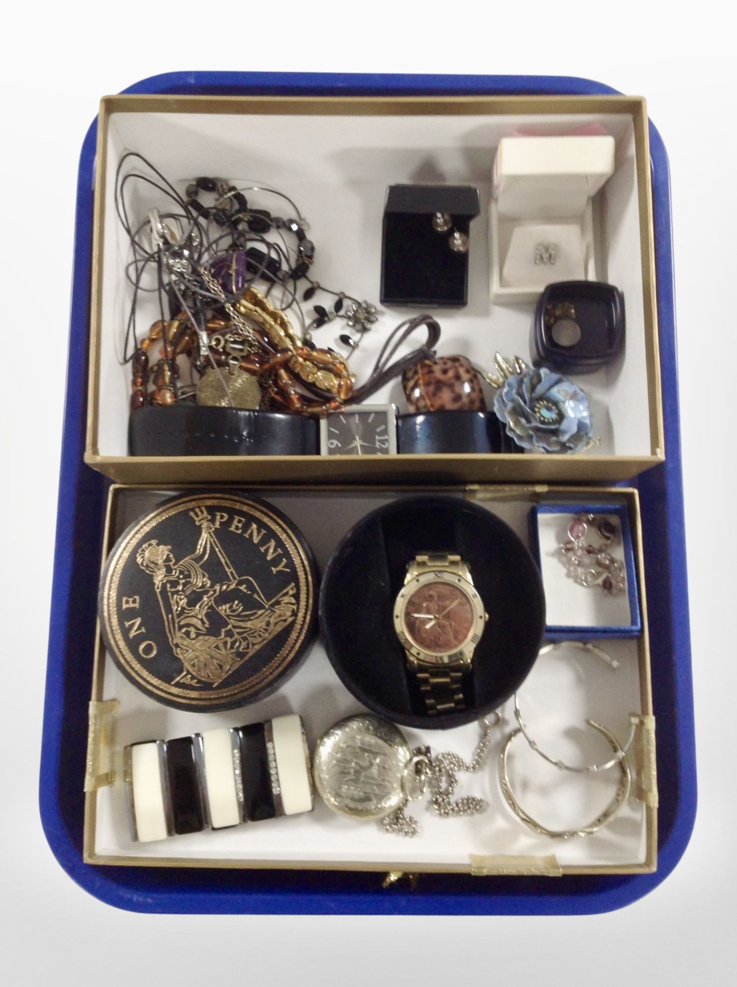 A group of costume jewellery, contemporary pocket watch, wristwatch, necklaces and bangles, etc.