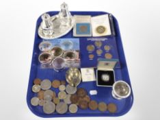 A silver proof £1 coin, un-circulated coin set 1983, stainless steel napkin rings, cruet set,