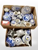 Two boxes containing Ringtons blue and white ceramics including caddies, ginger jars, teapots.