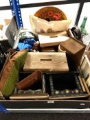 Two boxes containing pine crackets, other wooden items, cushions, tins, etc.