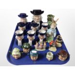 A group of ceramics including Quaker money box, sifters and Toby jugs, miniature teapots,