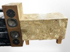 A Danish marble speaker stand, width 60cm, and a similar pair of speakers.