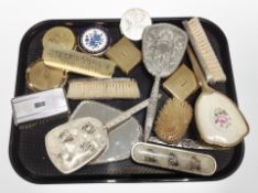 A group of silver plate and other dressing table brushes, silver and enamel hairbrush, compacts.