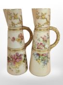 Two very similar Royal Worcester blush ivory porcelain tapered jugs, shape number 1047,