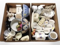 Two boxes of ceramics including Lurpak items, ornaments, fruit bowls, dinnerwares.