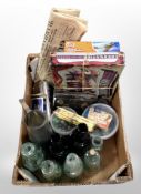 A box containing Airfix modelling kit, safety razor, antique glass bottles, etc.