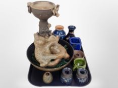 A group of 20th-century Danish studio pottery including pedestal vase, figure of two cats,
