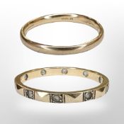Two 9ct gold band ring, sizes P and R. CONDITION REPORT: 3.7g gross.