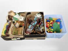 Three boxes of vintage toys and dolls, Lego, model of a cargo ship,