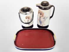 Two Vogue vacuum bottles and a further twin handled serving tray