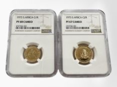 A South Africa 1 Rand gold coin 1973, Numismatic Guarantee Company graded PF68 (highest grade),