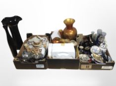 Three boxes of collector's plates, Chokin pottery, dinner wares, silver plated items,