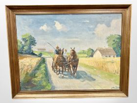Johan Meyer : Figures on a cart, oil on canvas, 89cm x 66cm.