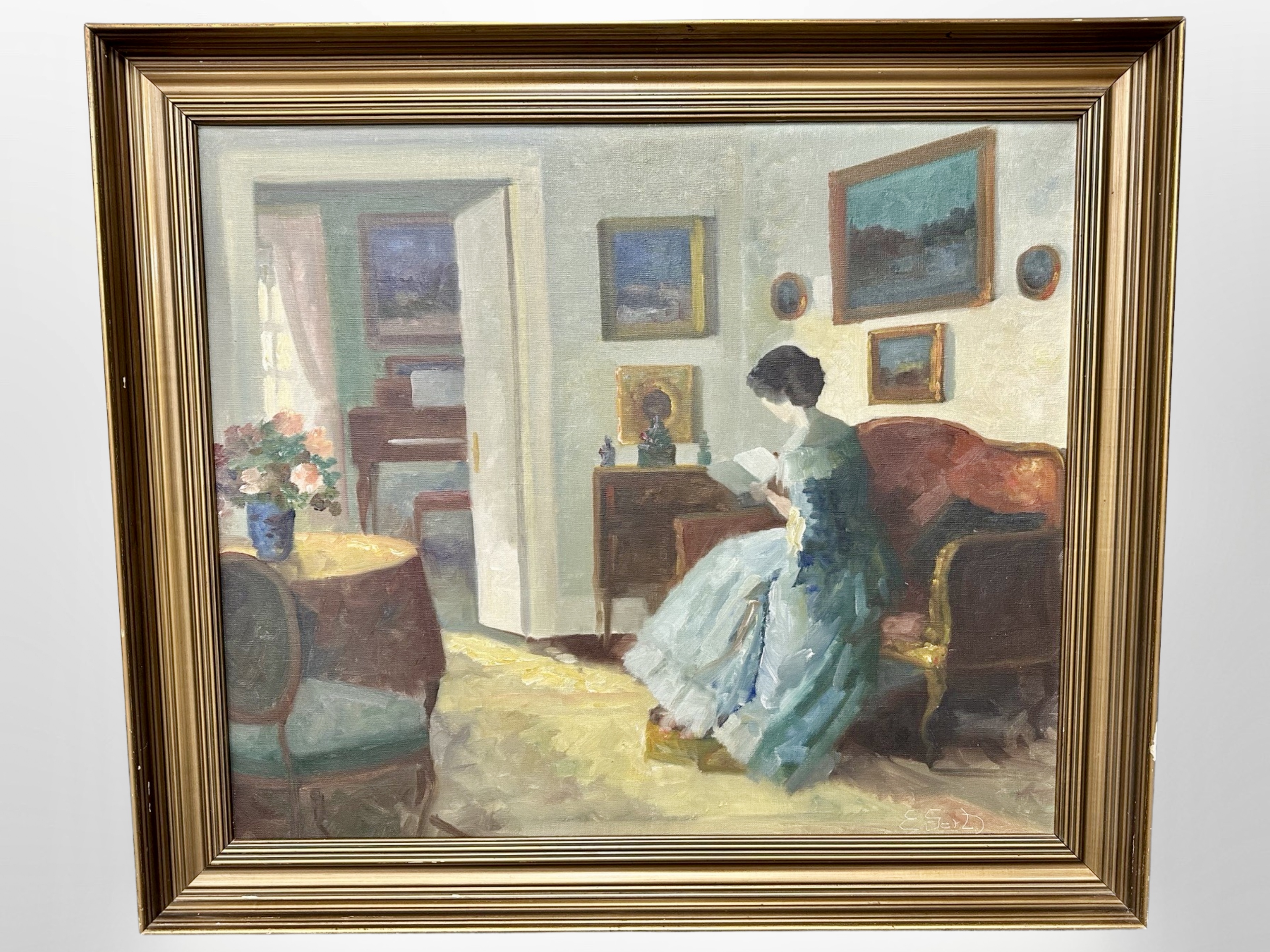 Danish school : Lady reading in a salon interior, oil on canvas, 64cm x 54cm.