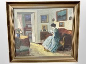Danish school : Lady reading in a salon interior, oil on canvas, 64cm x 54cm.