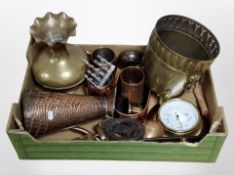 A box of metal wares, brass jardiniere with rams head handled, textured copper jug, toast rack,