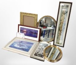 A box of contemporary gilt-framed mirrors and pictures, gilt gesso picture frame, etc.