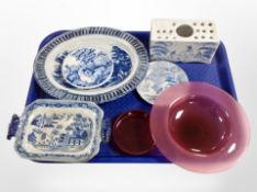 A tray of 19th century and later blue and white ceramics, Delft flower brick,