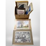 A box containing gilt triptych mirror and assorted pictures and prints.