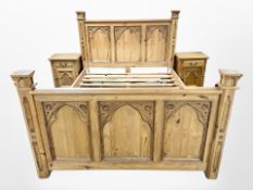 A Gothic style carved pine 5' bed frame,