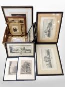 A box of antiquarian pictures and prints including 19th-century monochrome engravings of