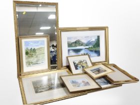 A group of gilt-framed pictures, a bevelled overmantel mirror, signed print after Ray Smith.