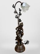 A resin and patinated metal figural table lamp with frosted glass shade,