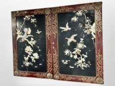 A pair of Japanese Meiji period Shibayama lacquered and mother of pearl inset panels depicting