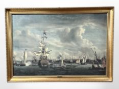 A gilt framed print on canvas after Willem Van de Velde depicting a naval battle,