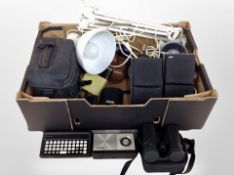 A box of angle poise lamp, binoculars, Dantax speakers,