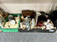 Three boxes of assorted ceramics, collector's plates, ruby glass ware,