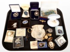 A tray of assorted costume brooches and other jewellery, watch pendant, jasperware brooch, etc.