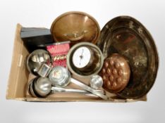 A box of metal wares, large silver plated circular dish, stainless steel ladles, cutlery,