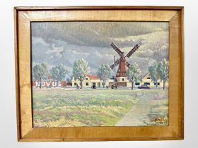 Danish school : A tree-lined landscape with windmill, oil on board, 43cm x 33cm.