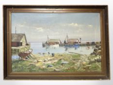 Danish school : Fishing boats in a harbour, oil on canvas, 62cm x 41cm.