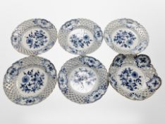 A group of six Meissen-style blue and white porcelain pierced plates and similar dish,