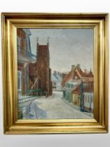 Danish school : Road through a town, oil on canvas, 32cm x 38cm.