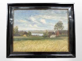 P J Fieldhaag : Farm by a coast, oil on canvas, 32cm x 25cm.
