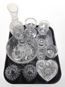 A group of crystal including vases, heart-shaped trinket box, pair of candle holders, fruit bowl.