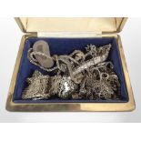 A jewellery box containing assorted silver/white metal items including bracelets, Albert chain,