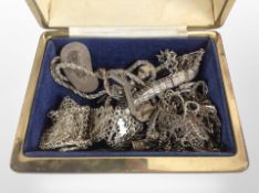 A jewellery box containing assorted silver/white metal items including bracelets, Albert chain,