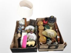 Two boxes of Tiffany style lamp base, kitchen scales, soda syphon, Hornsea Saffron storage jars,
