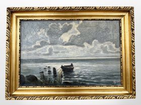 Danish school : Sunset at a coast with moored boat, oil on canvas, 48cm x 31cm.