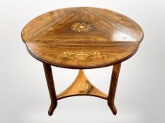 A Victorian rosewood and satin wood-strung drop leaf occasional table, diameter 70 cm extended,
