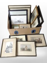 A box of antiquarian pictures and prints including hand-coloured engravings, hunting scenes, etc.